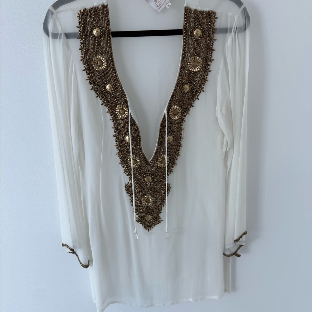 Ivory V-Neck Tunic with Bronze Embellished Trim